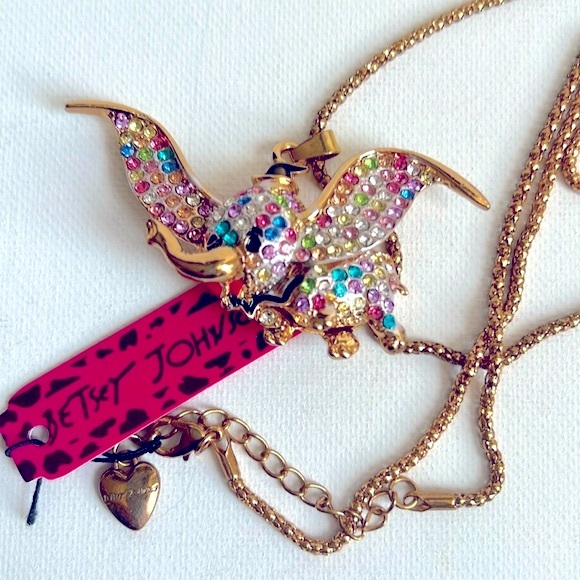 NWT Betsey Johnson Elephant Multi-Color Crystal and Enamel Gold Tone Necklace - Picture 1 of 7